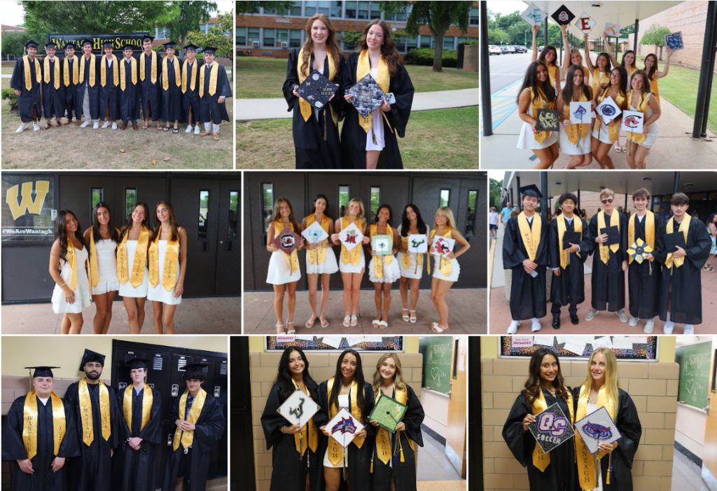 students wearing graduation cap and gowns holding their hats